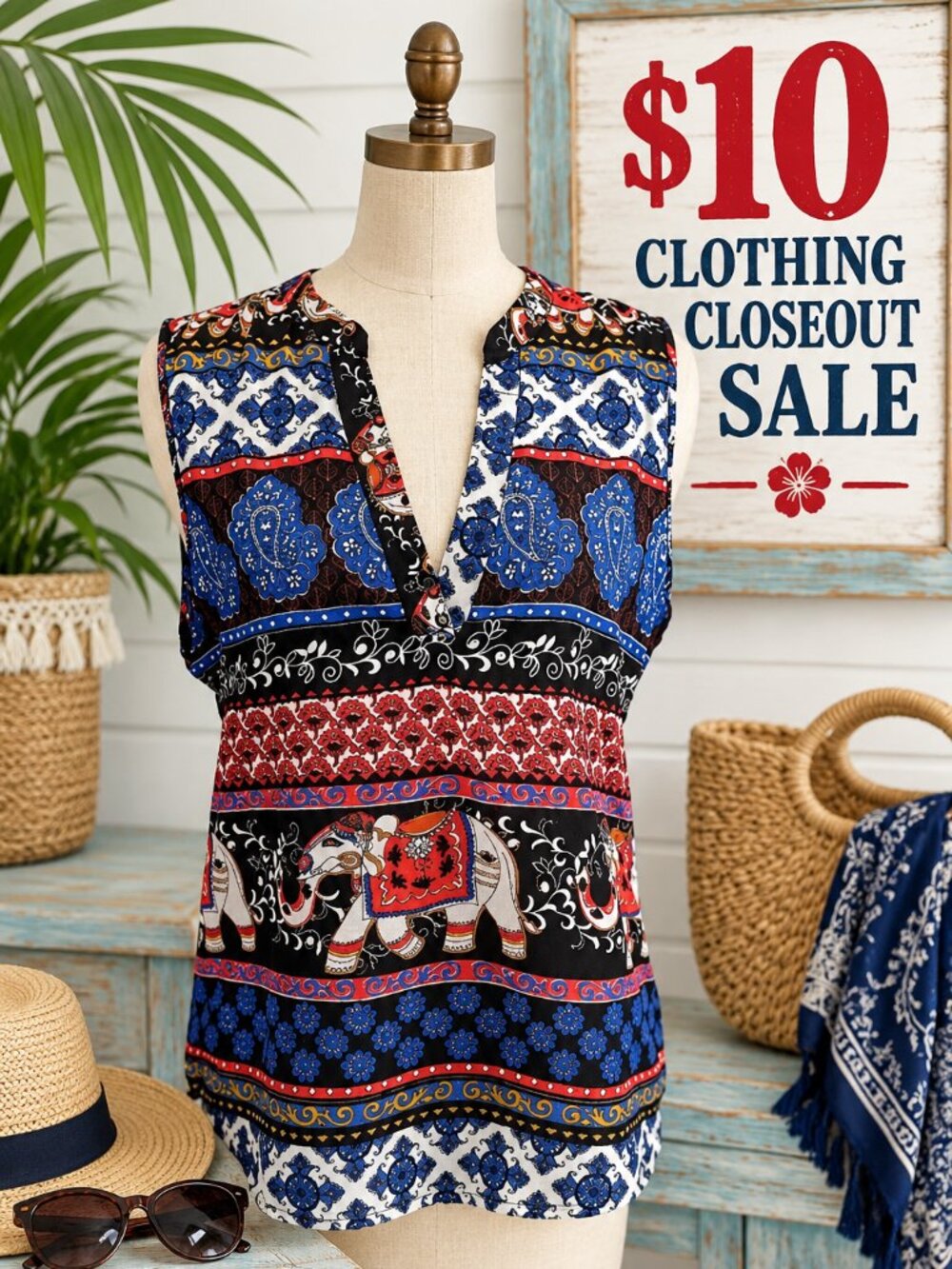 Boho Elephant Paisley Sleeveless Tunic Top Blue Red $10 Closeout